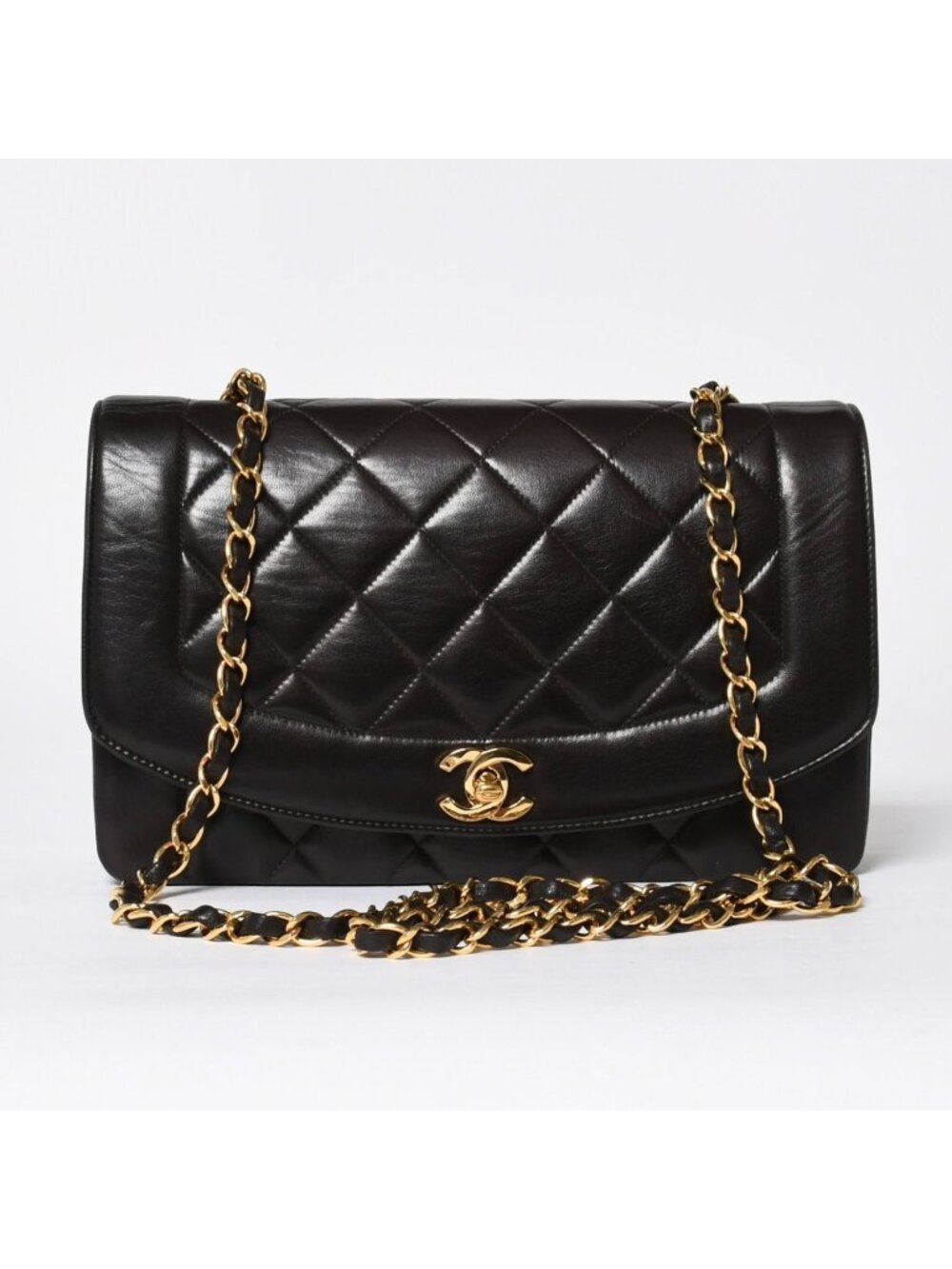 Chanel Diana 25 S Flap S Chain Shoulder Bag CC Logo Lambskin Black Gold
